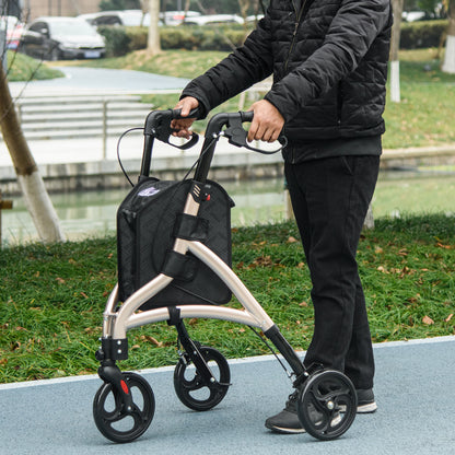 3 Wheel Rollator, Lightweight Aluminium Tri Walker with Adjustable Handle, Storage Bag and Dual Brakes, 5.3kg, Gold Tone
