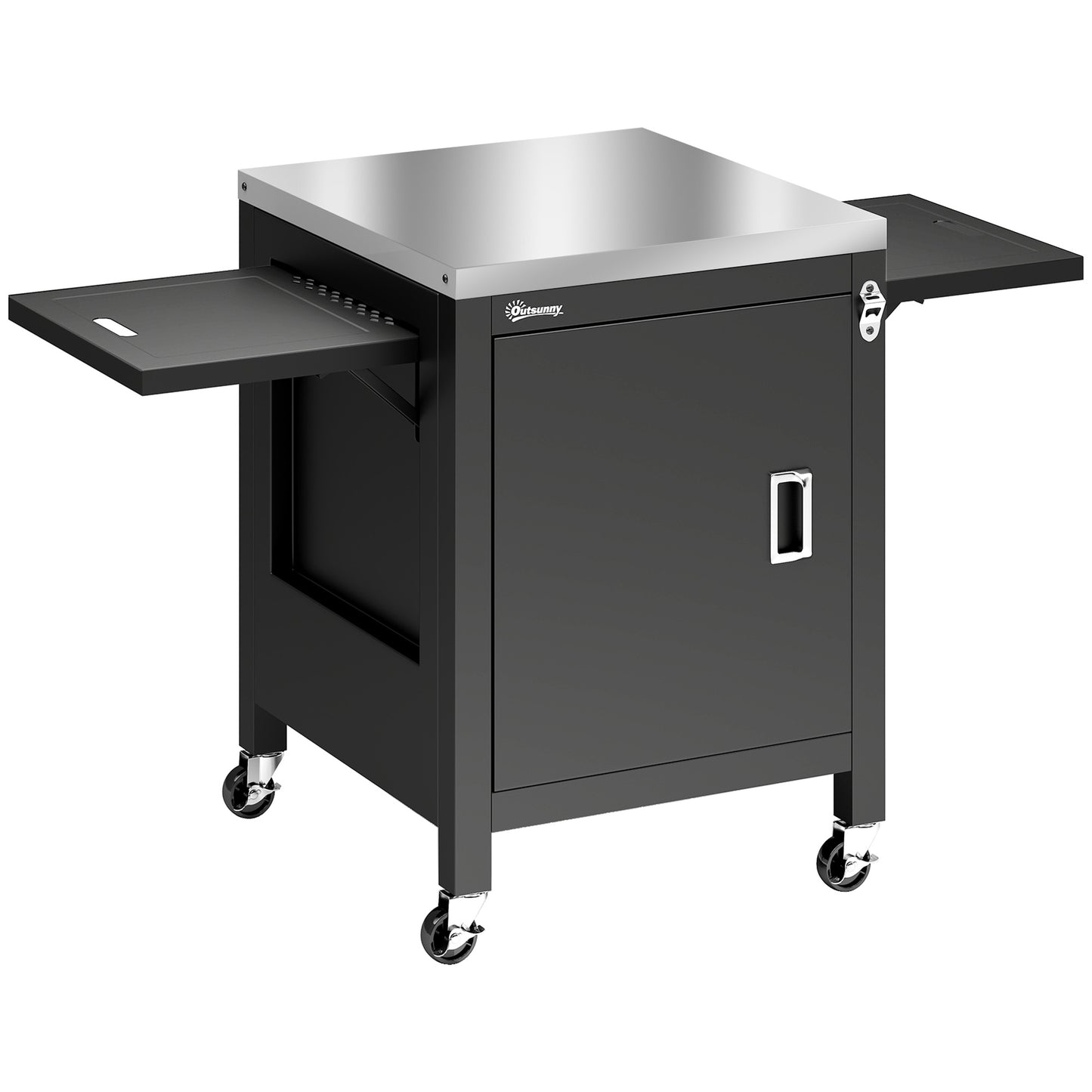 Outdoor Grill Cart with Stainless Steel Tabletop, BBQ Table with a Cabinet, Towel Holder, Bottle Opener, Black