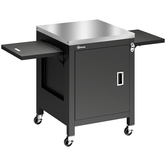 Outdoor Grill Cart with Stainless Steel Tabletop, BBQ Table with a Cabinet, Towel Holder, Bottle Opener, Black