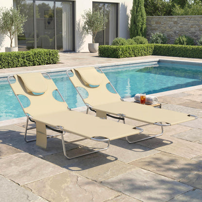 5-Position Adjustable Sun Loungers Set of 2 with Reading Hole and Side Pocket, Beige