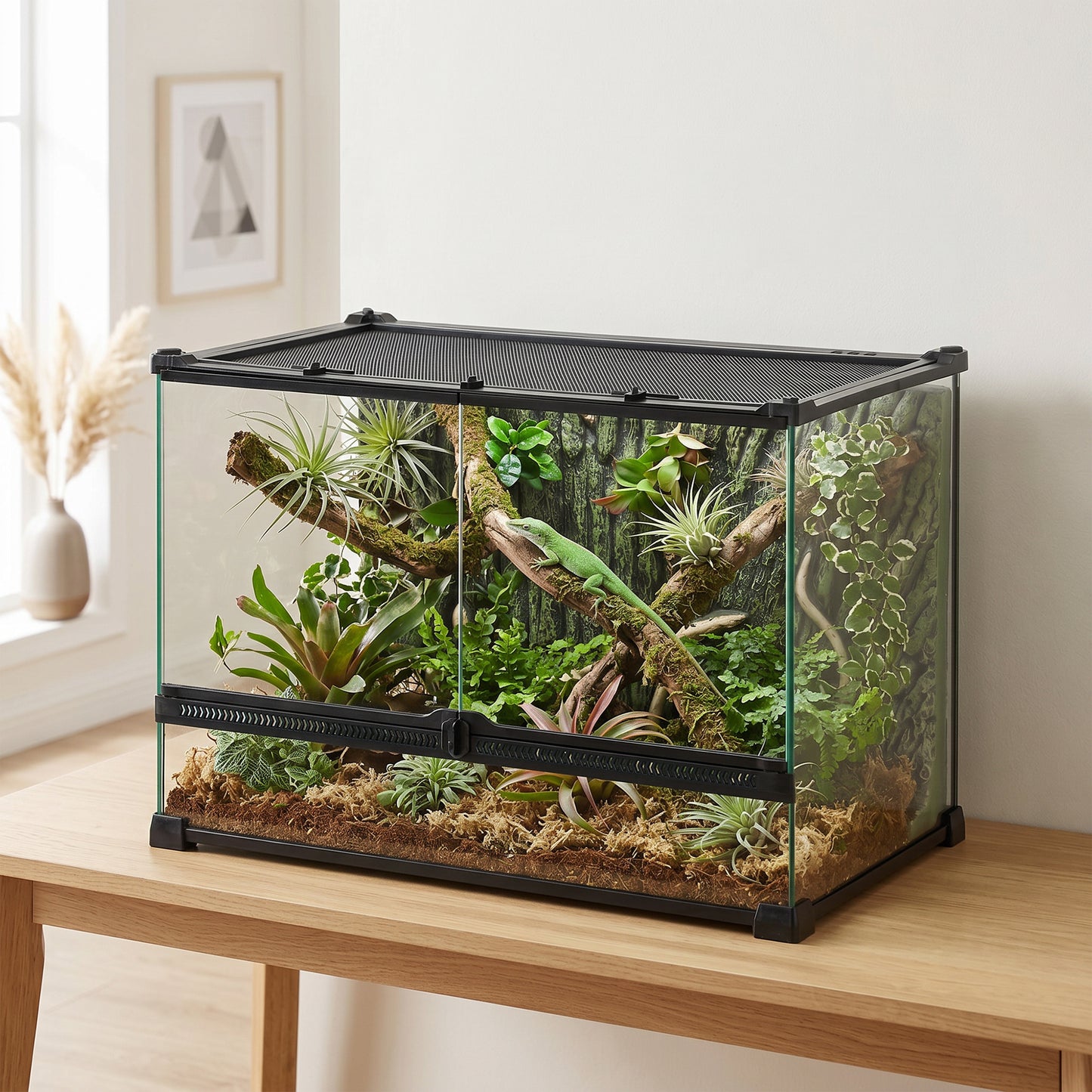 Reptile Glass Terrarium with Stone Background, Front Ventilation, Escape-Proof Knob Lock, 50 x 30 x 35 cm, Black