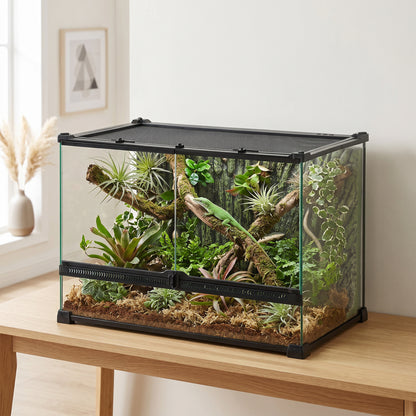 Reptile Glass Terrarium with Stone Background, Front Ventilation, Escape-Proof Knob Lock, 50 x 30 x 35 cm, Black