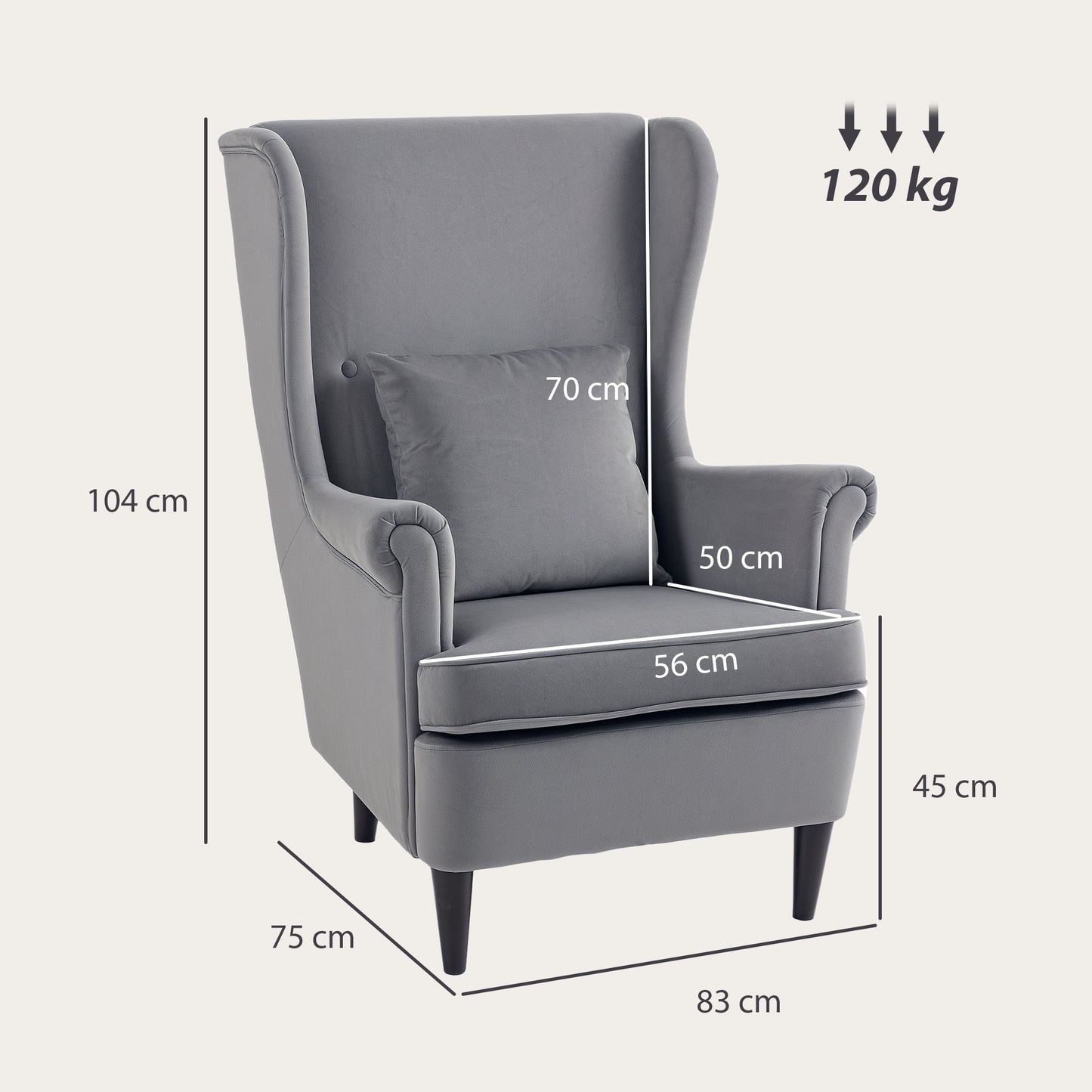 Modern Accent Chair with High Backrest and Pillow, Velvet-Feel Fabric Reading Chair with Solid Wood Legs, Grey