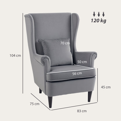 Modern Accent Chair with High Backrest and Pillow, Velvet-Feel Fabric Reading Chair with Solid Wood Legs, Grey