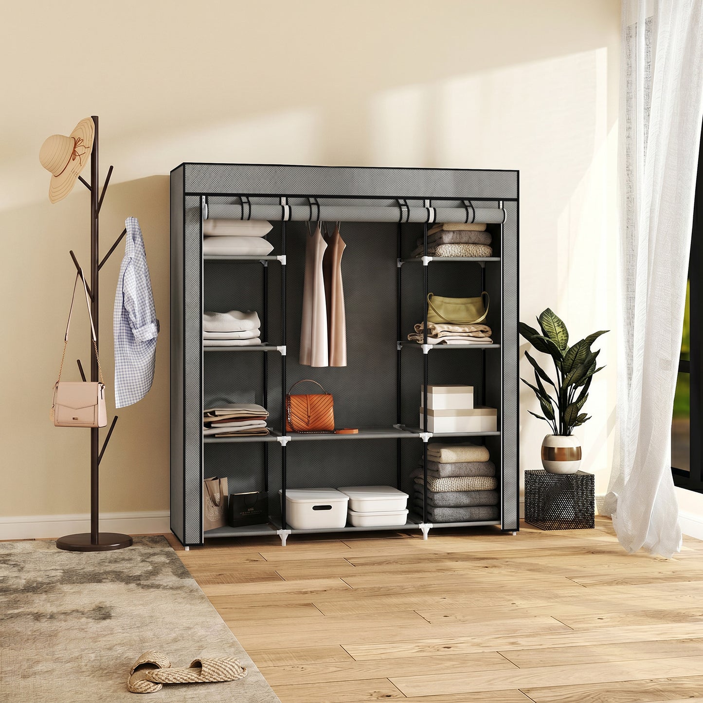 Clothes Storage Organiser with Hanging Rail, Shelves, Portable Wardrobe, Foldable Fabric Wardrobe, Dark Grey