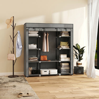 Clothes Storage Organiser with Hanging Rail, Shelves, Portable Wardrobe, Foldable Fabric Wardrobe, Dark Grey