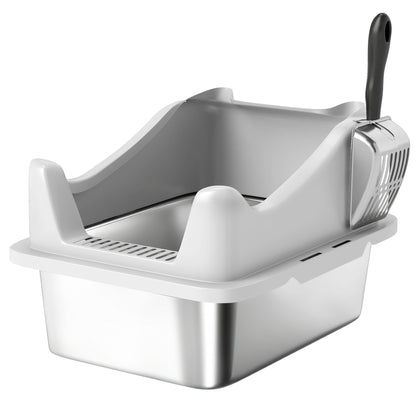 Stainless Steel Cat Litter Box with High Sides, Metal Scoop, 43 x 33 x 25 cm