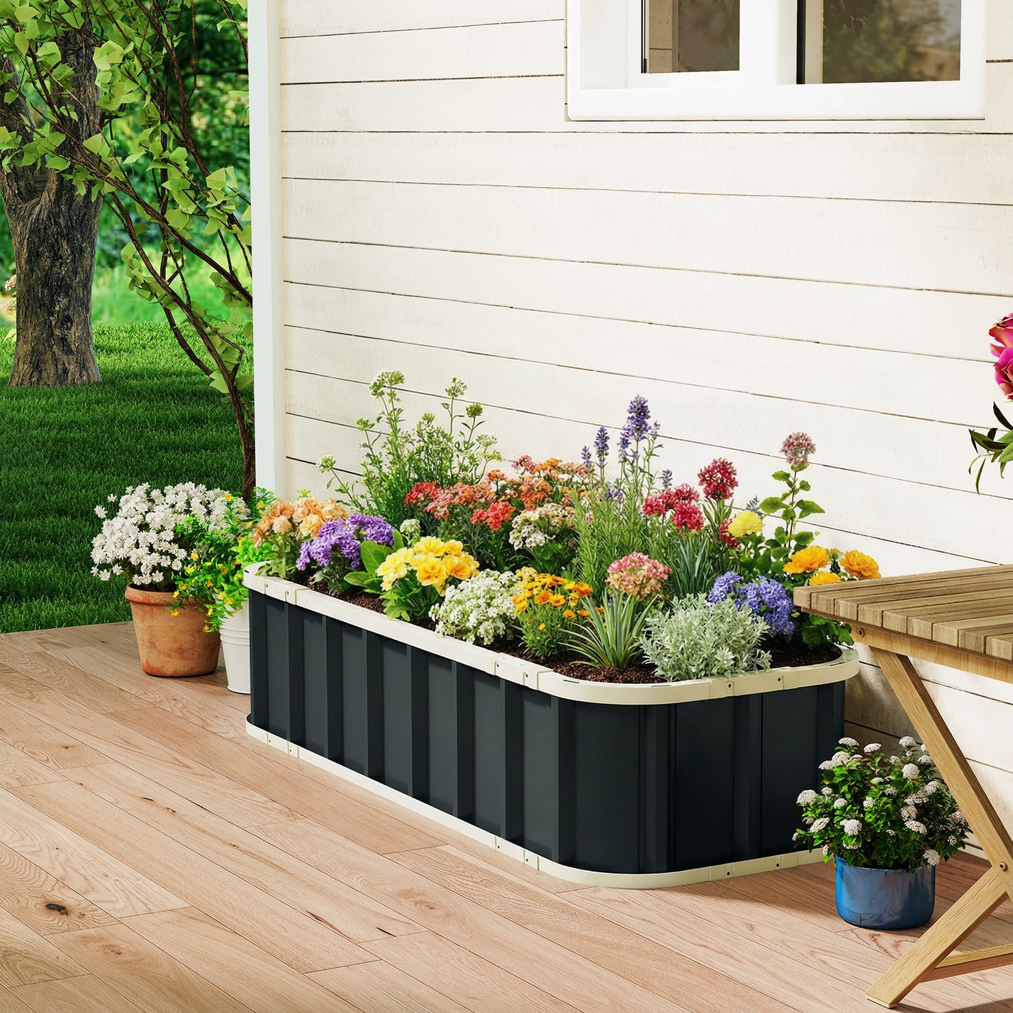 Galvanised Raised Garden Bed, 4.5 x 2 x 1 ft Metal Planter with Gloves and Folded Edging, Dark Grey