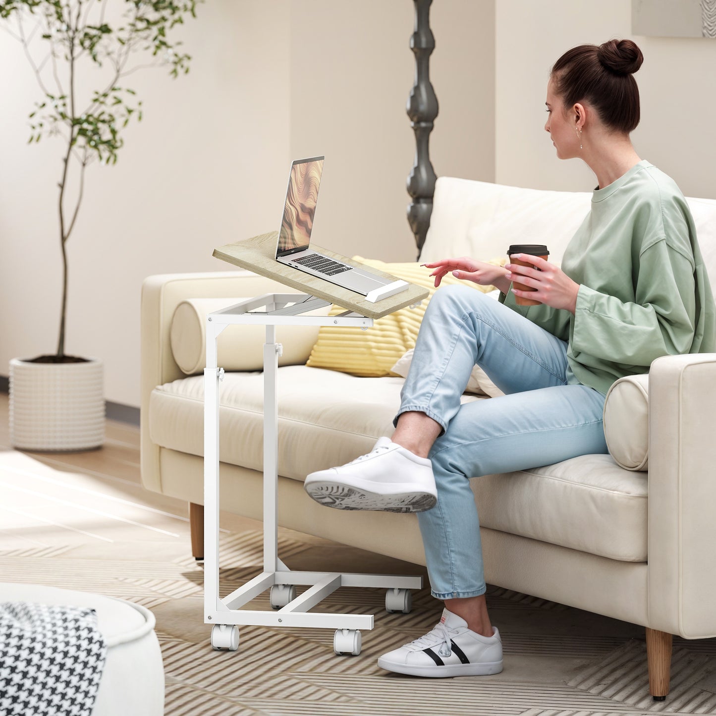 C-Shaped Sofa Side Table, Height Adjustable Overbed Table with Tilting Desktop, Mobile Laptop Desk for Living Room Bedroom