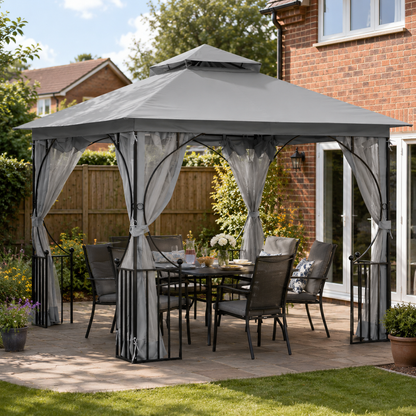 3 x 3(m) Garden Gazebo Patio Party Tent Shelter Outdoor Canopy Double Tier Sun Shade Metal Frame Netting, Light Grey