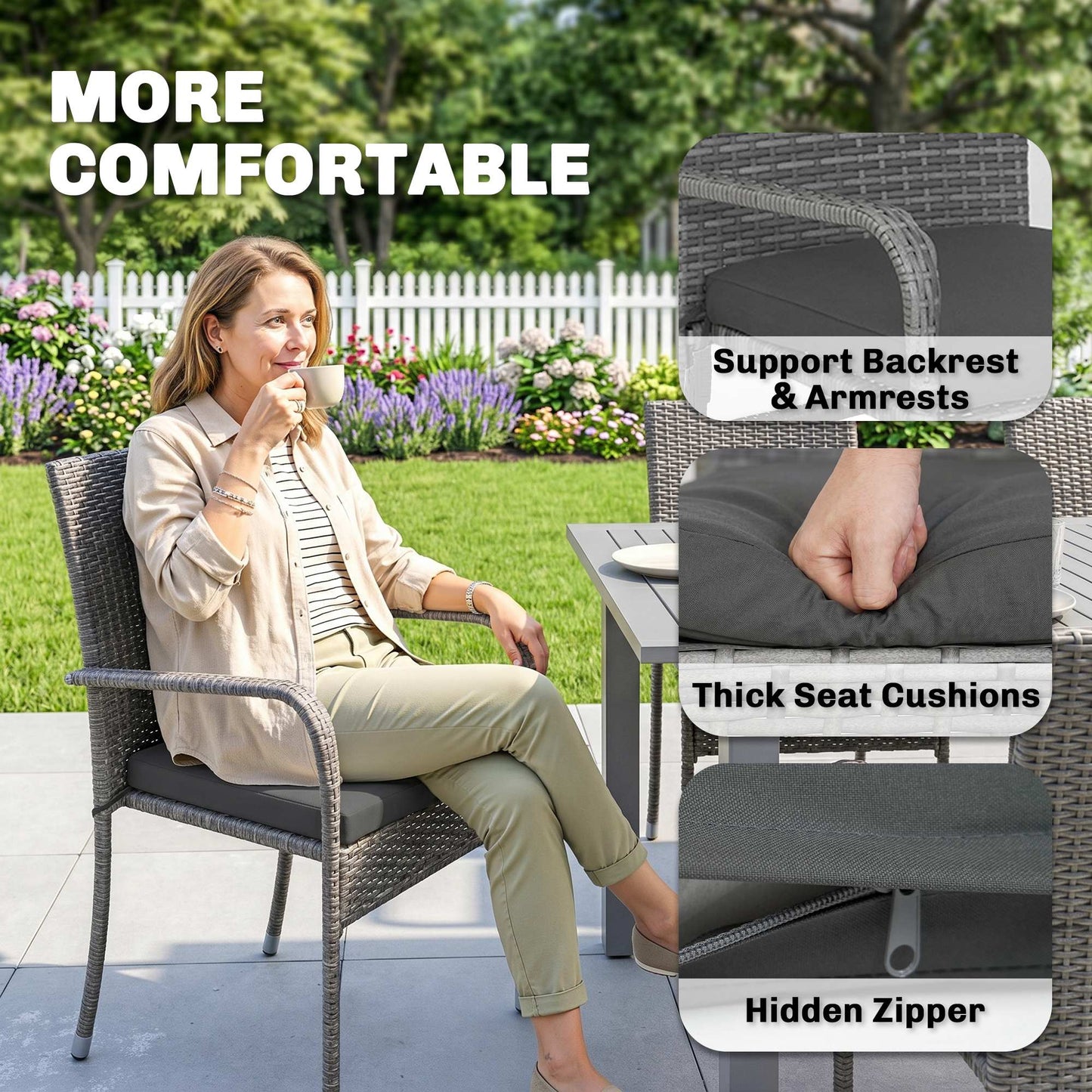 7 Piece Rattan Garden Furniture Set, 6 Seater Garden Table and 6 Stackable Chairs with Extendable Acacia Wood Tabletop