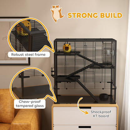 Four-Tier Hamster Cage with Deep Tempered Glass Bottom, Hut, Running Wheel, Food Dish, Water Bottle, 78.5 x 48.5 x 80cm