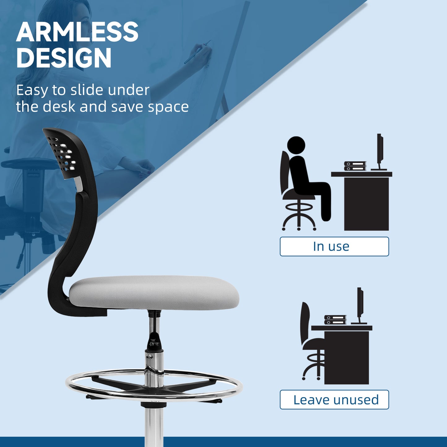 68-88cm Draughtsman Office Chair, with Wheels - Light Grey