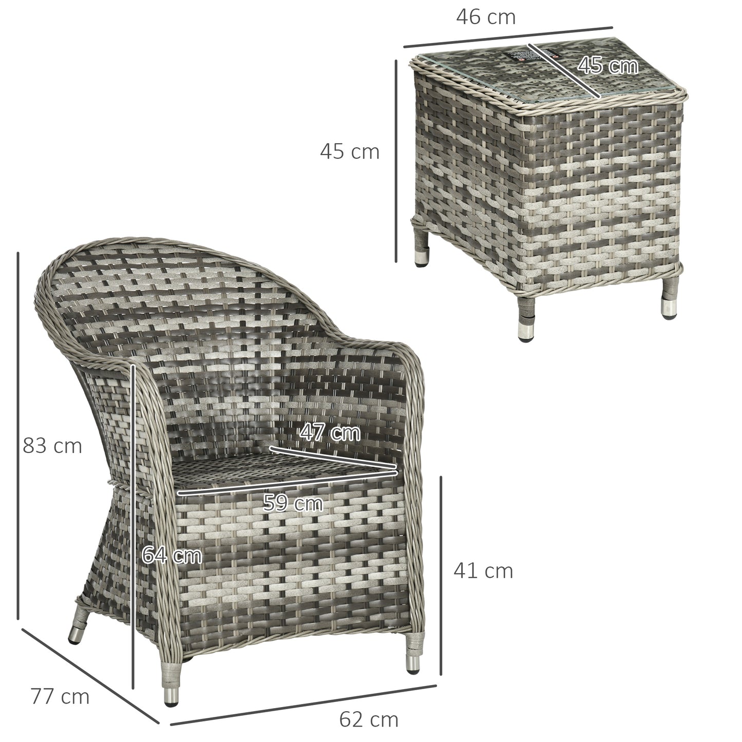 3 Pieces Rattan Bistro Set, Wicker Garden Bistro Set, Glass Top Balcony Table and Chairs with Cushions for Outdoor, Patio