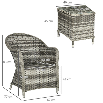 3 Pieces Rattan Bistro Set, Wicker Garden Bistro Set, Glass Top Balcony Table and Chairs with Cushions for Outdoor, Patio