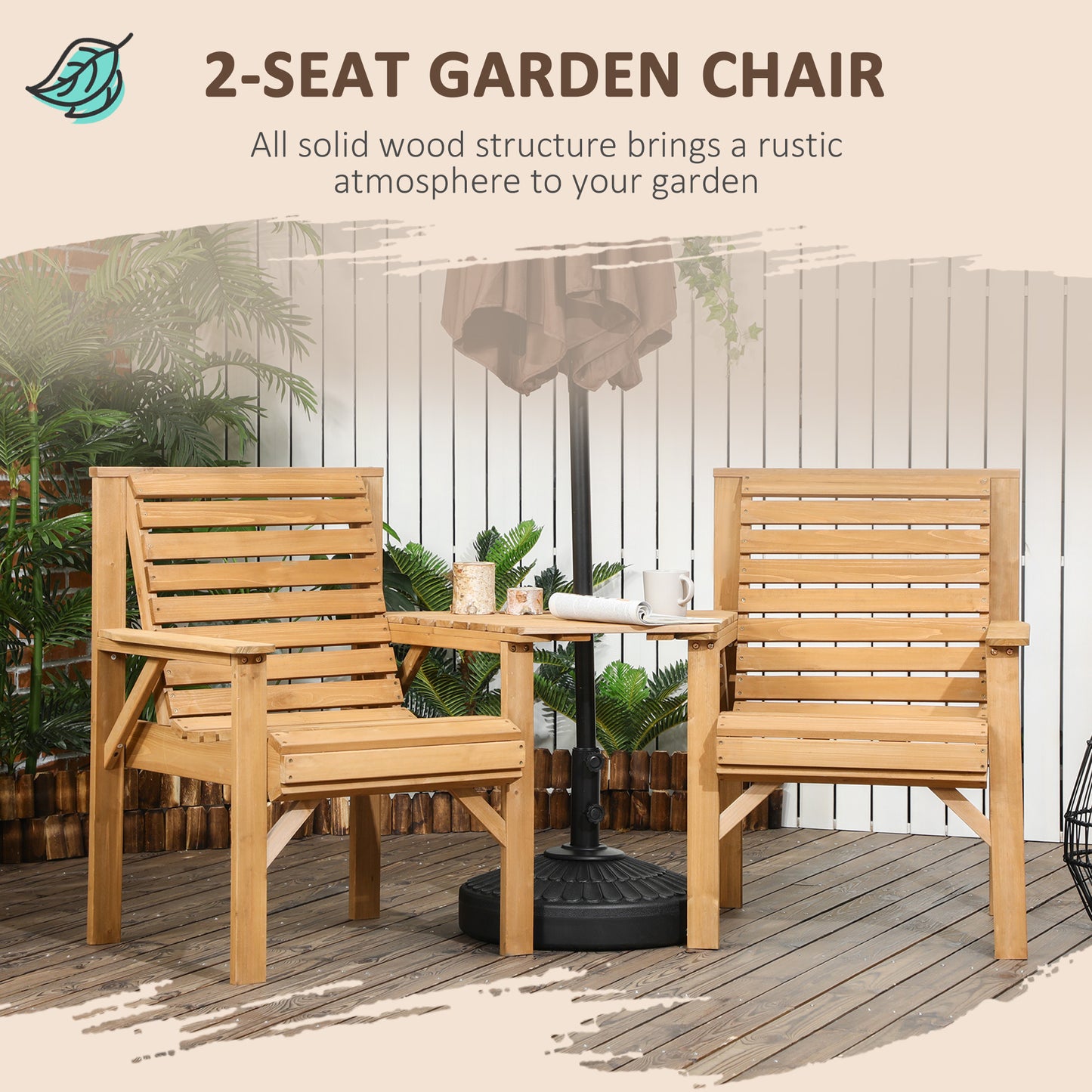 Wooden Garden Love Seat, 2 Seater Jack & Jill Companion Seat with Coffee Table and Parasol Hole, Partner Bench