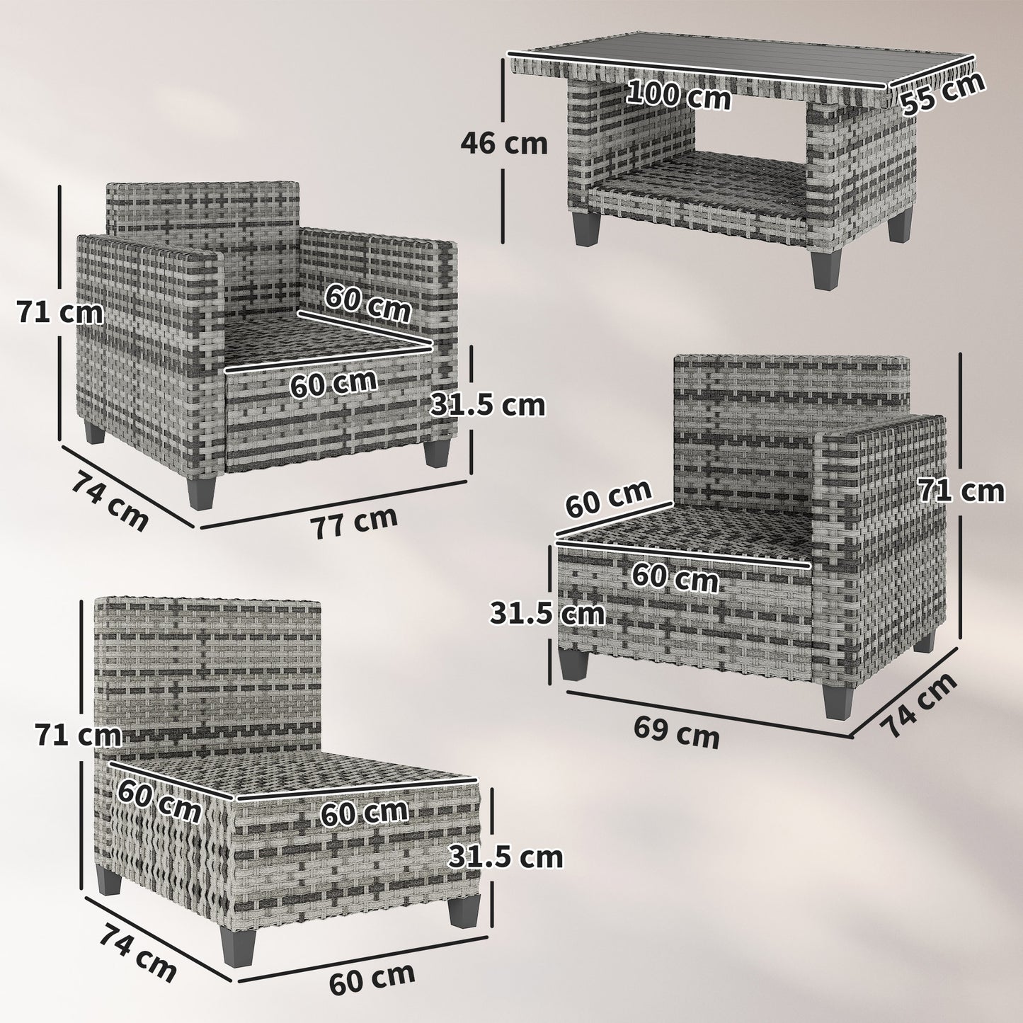Six-Piece Modular Rattan Sofa Set 5-Seater Garden Furniture Set with Two-tier Table - Light Grey