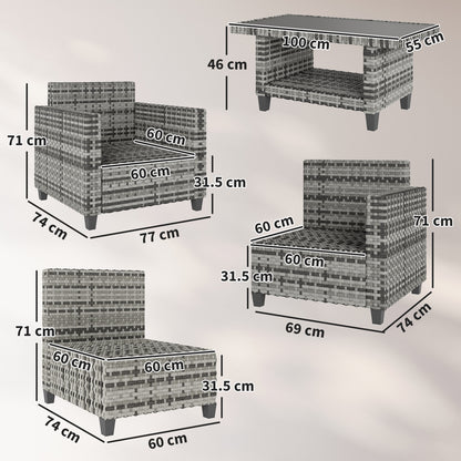 Six-Piece Modular Rattan Sofa Set 5-Seater Garden Furniture Set with Two-tier Table - Light Grey