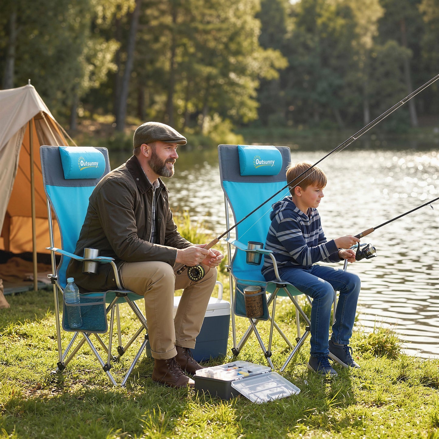 Set of 2 Reclining Folding Camping Chair w/ Detachable Footrest, Storage Bag, Cup Holder & Headrest, Blue and Grey