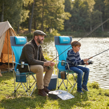 Set of 2 Reclining Folding Camping Chair w/ Detachable Footrest, Storage Bag, Cup Holder & Headrest, Blue and Grey