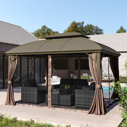 3.65 x 3(m) Hardtop Steel Gazebo Canopy with Aluminium Frame, Double Roof, Net Sidewalls and Curtains, Coffee