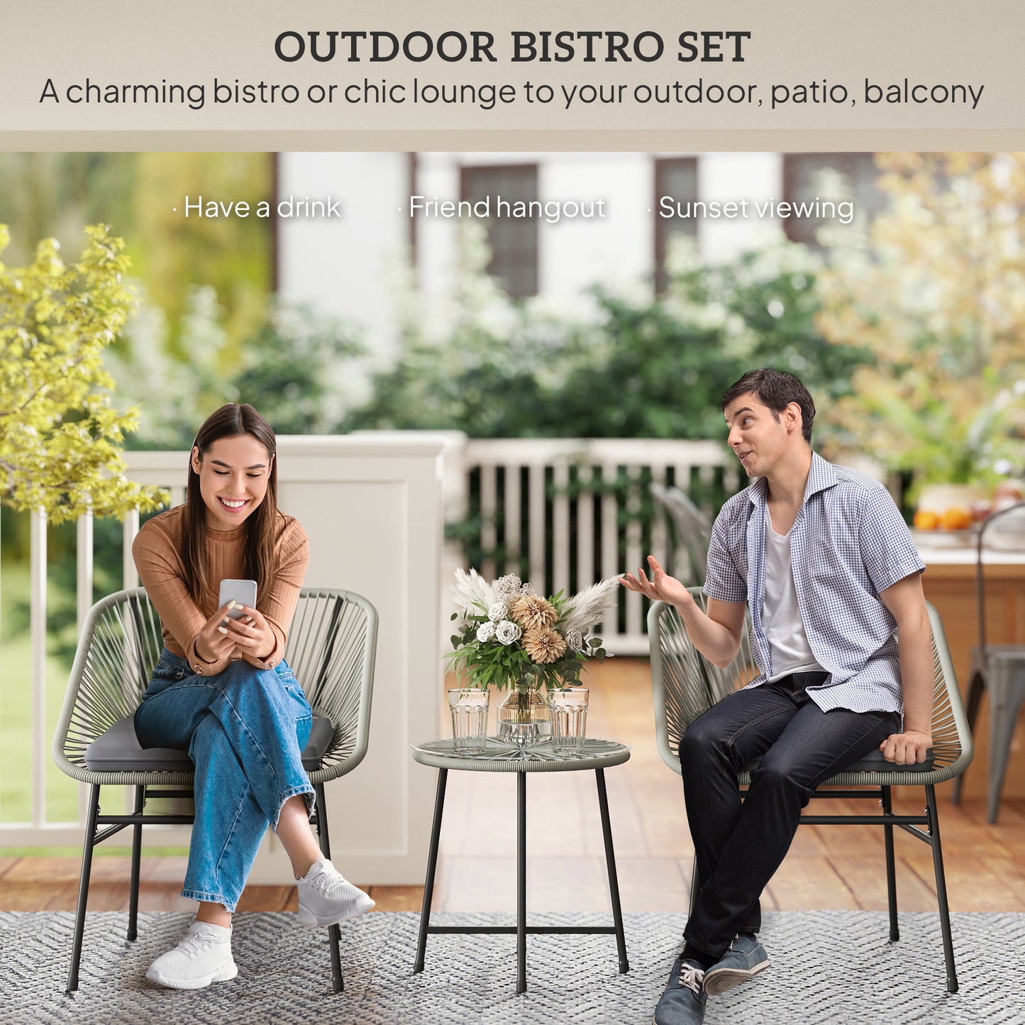 3 Pieces Rattan Bistro Set, Wicker Small Garden Table and Chairs Set with Cushions and Glass Top Coffee Table