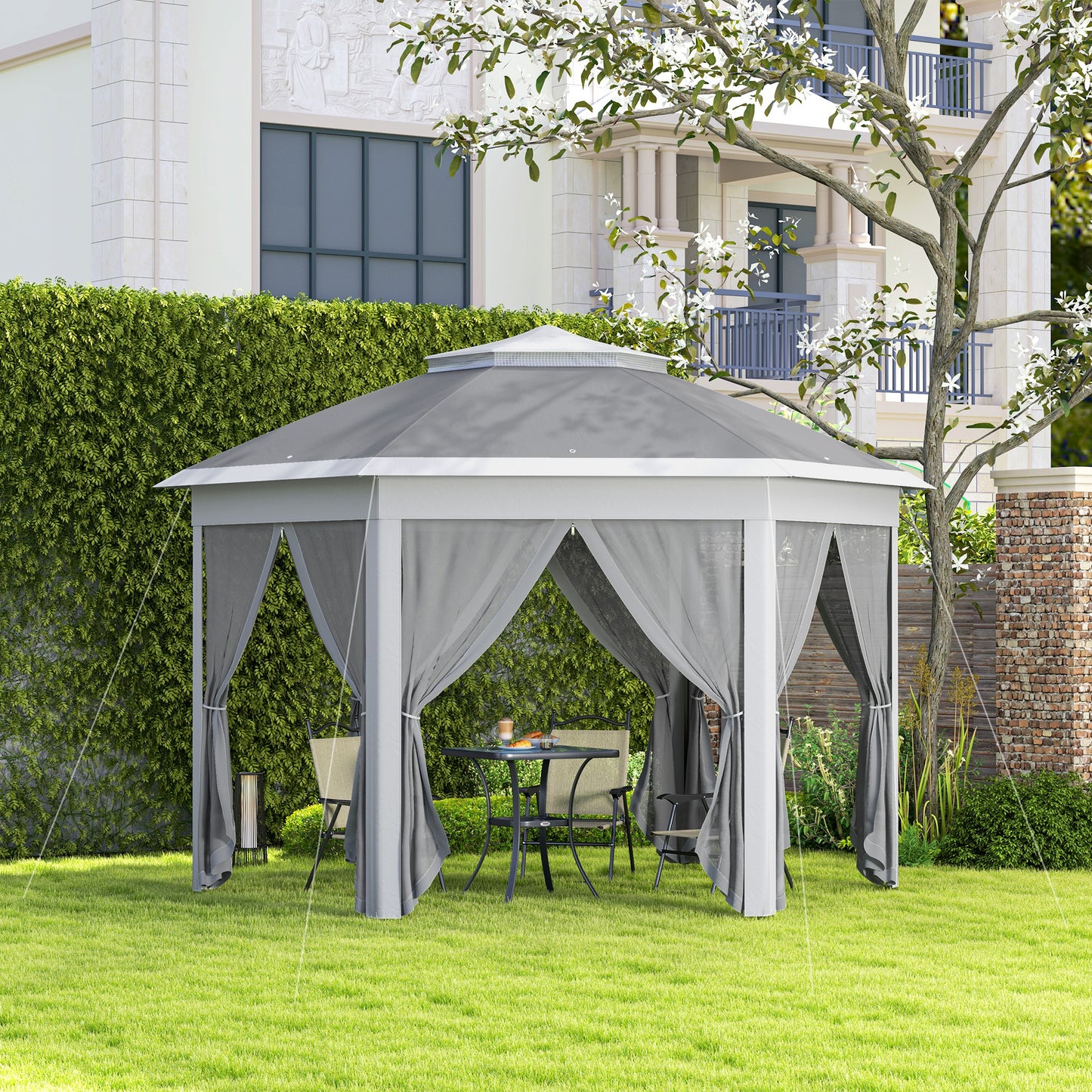 3 x 4m Garden Gazebo Hexagon Pop Up Gazebo Party Tent Canopy Double Roof Instant Shelter