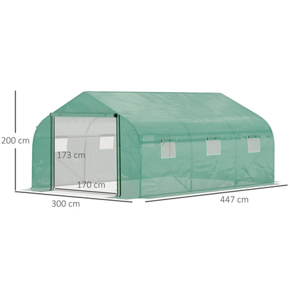 Walk-in Polytunnel Garden Greenhouse, Outdoor Mesh Door Greenhouse with PE Cover and 6 Windows, 4.5 x 3 x 2m, Green