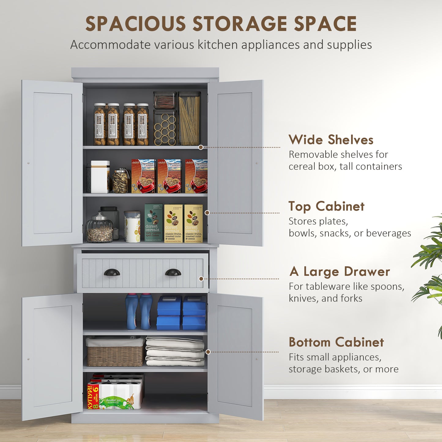 Multi-Storage Mid-Century Kitchen Cabinet - Grey