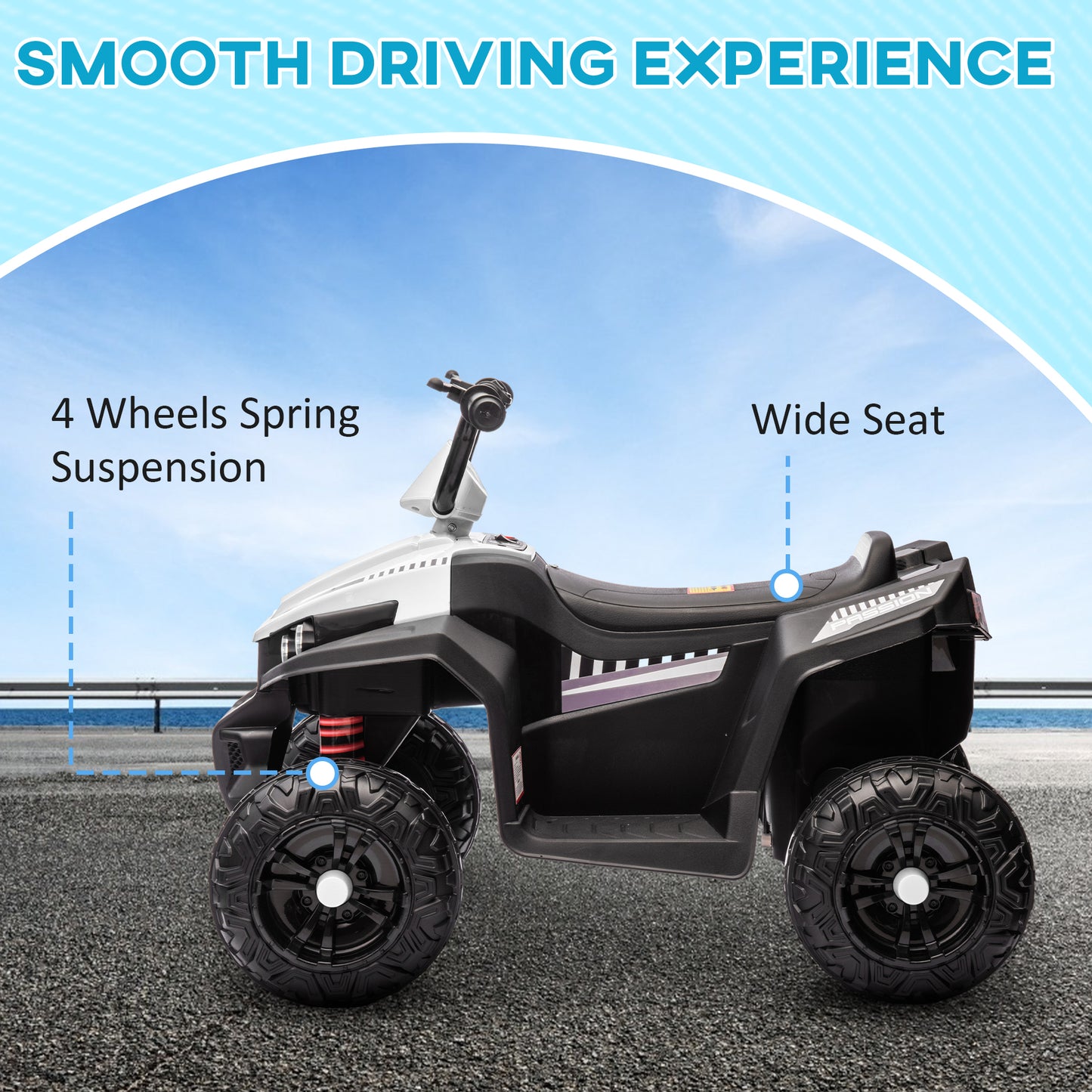 12V Kids Electric Quad Bike w/ Spring Suspension System, Forward, Backward, LED Light, Music, MP3, White