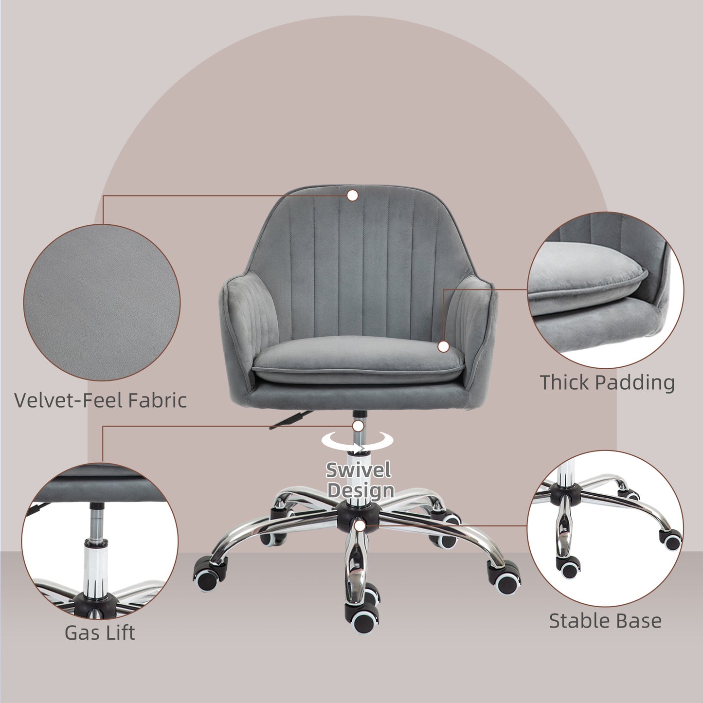 Office Chair, Swivel Desk Chair, Velvet-Feel Fabric Vanity Chair with Adjustable Height and Rolling Wheels for Home Work Stud