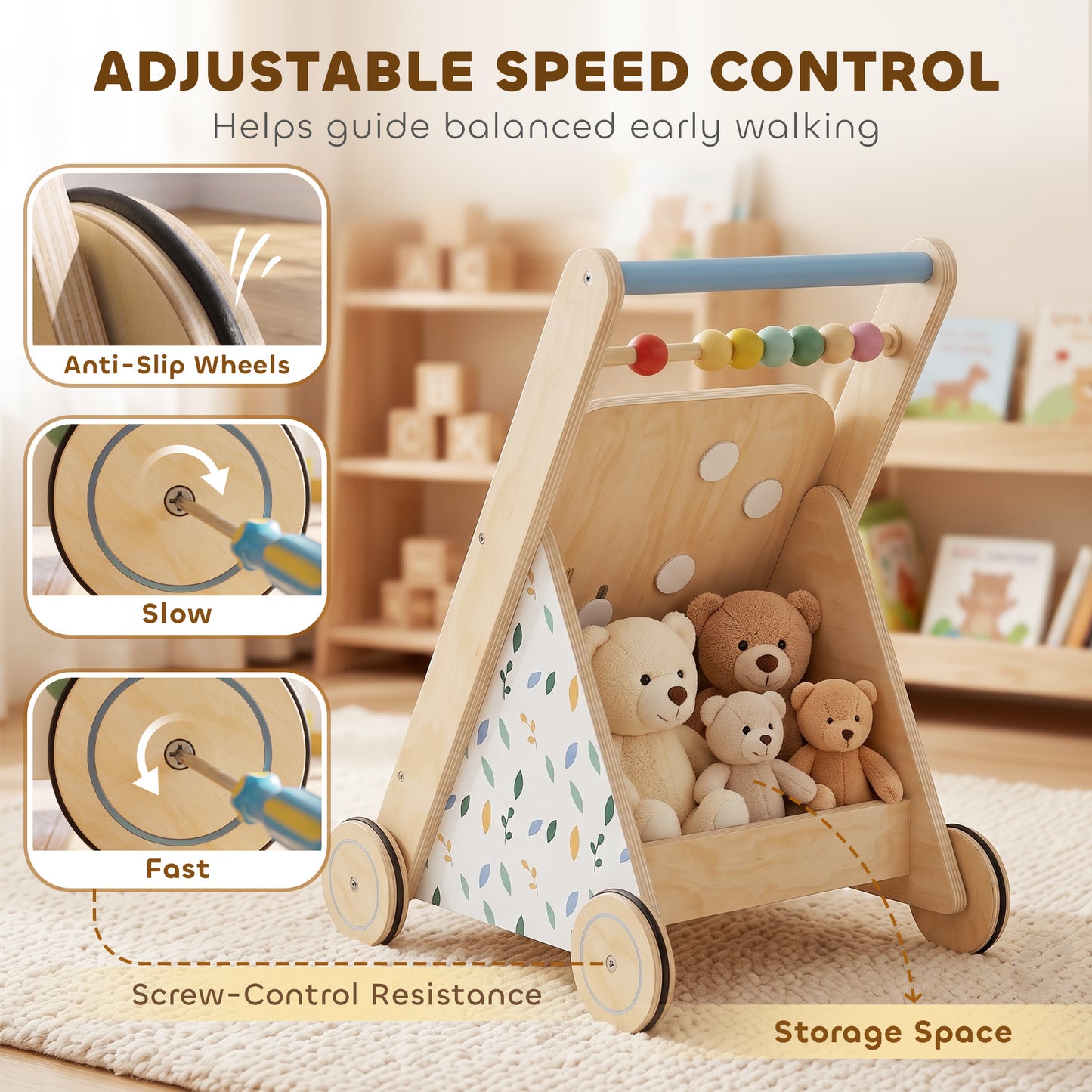 Wooden Baby Walker, Toddler Push Along Walker with Speed Control, Activity Centre and 5 Blocks for 18 Months+, Natural