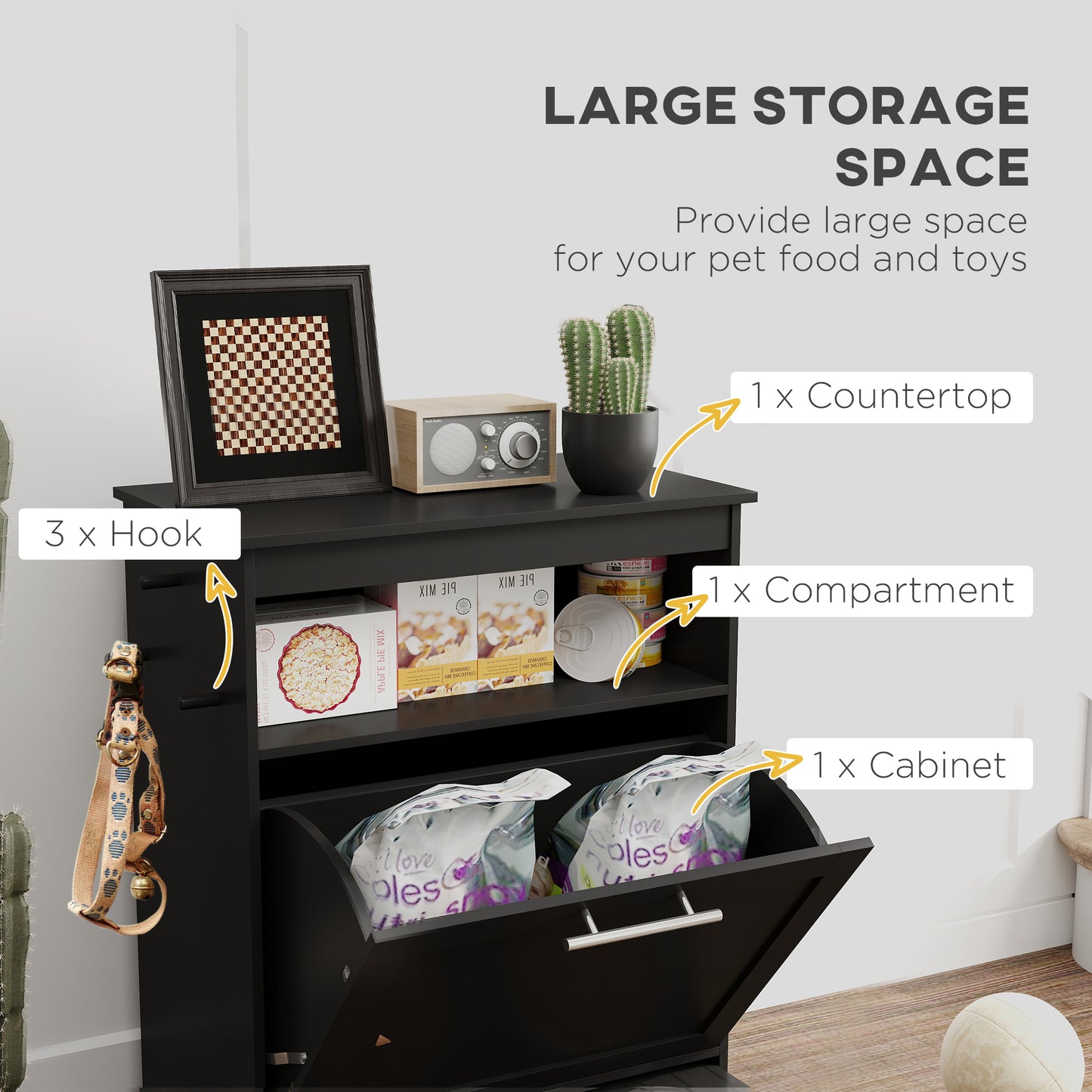 Pet Feeder Station, Dog, Cat Storage Container, with Raised Bowls, Hanger, Cabinet - Black
