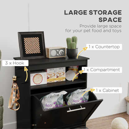 Pet Feeder Station, Dog, Cat Storage Container, with Raised Bowls, Hanger, Cabinet - Black