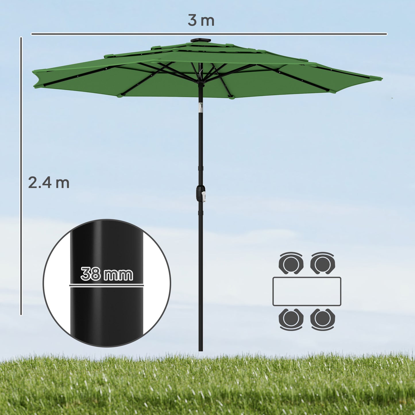 Garden Parasol, Parasol Umbrella with 3-tier Roof, Crank Handle, Tilt Function, Polyester Canopy, Green