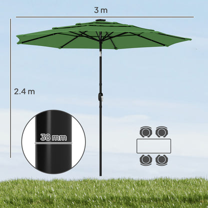 Garden Parasol, Parasol Umbrella with 3-tier Roof, Crank Handle, Tilt Function, Polyester Canopy, Green