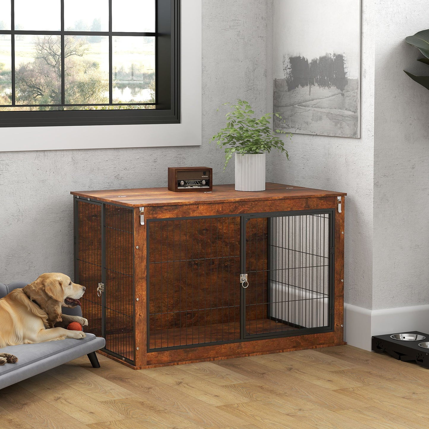 46.46'' Dog Crate Furniture with Openable Top, Two Lockable Doors, for Extra Large Dogs, Rustic Brown