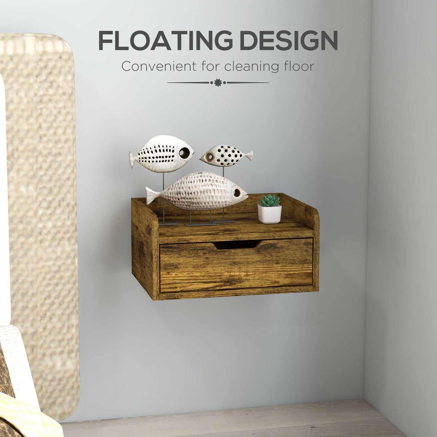 Floating Nightstands Set of 2, Wall Mounted Bedside Table with Drawer for Bedroom, Rustic Brown