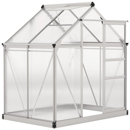 Polycarbonate Greenhouse, Large Walk-In Green House with Slide Door and Window, Aluminium Frame, 6x4ft, Silver Tone
