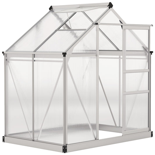 Polycarbonate Greenhouse, Large Walk-In Green House with Slide Door and Window, Aluminium Frame, 6x4ft, Silver Tone