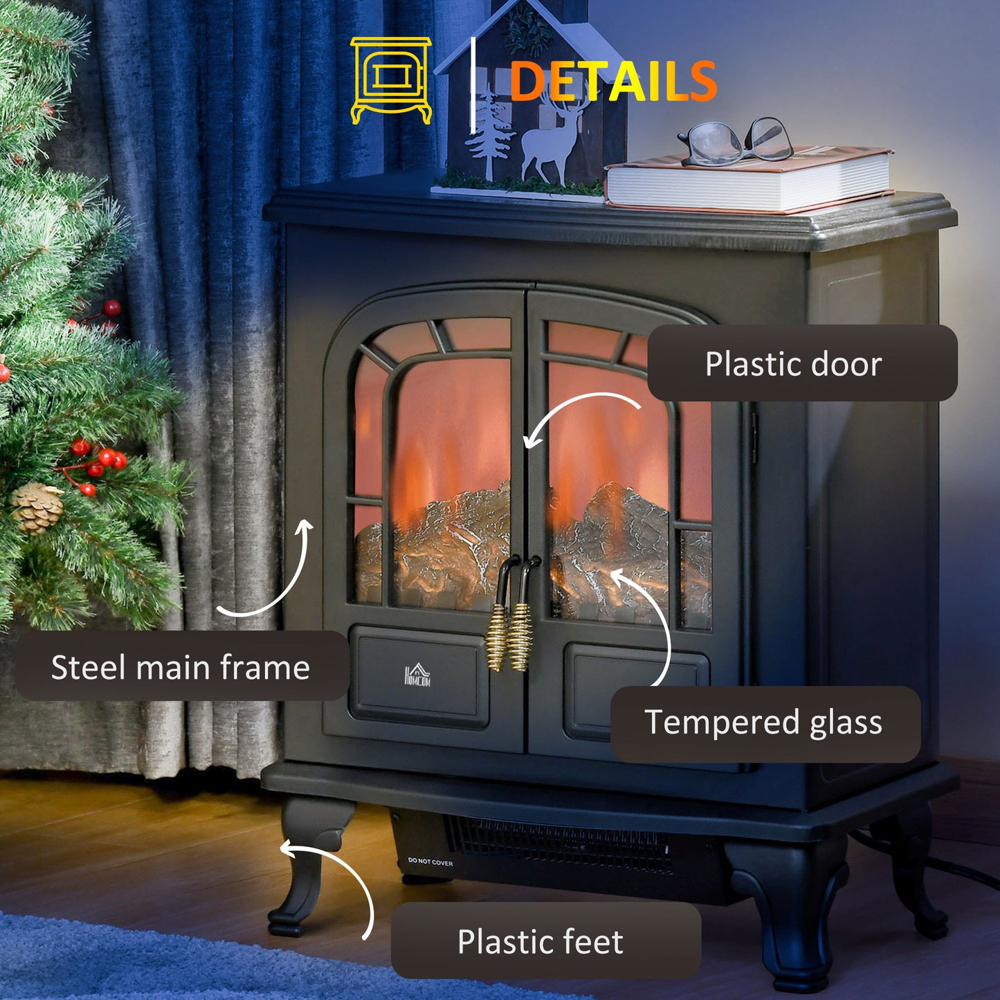 Electric Fireplace Stove Heater with LED Fire Flame Effect, Double Door, Freestanding & Portable with Overheat Protection