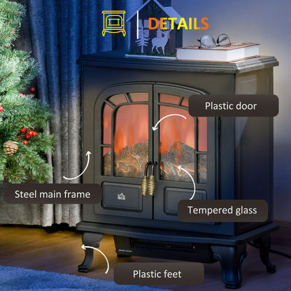 Electric Fireplace Stove Heater with LED Fire Flame Effect, Double Door, Freestanding & Portable with Overheat Protection