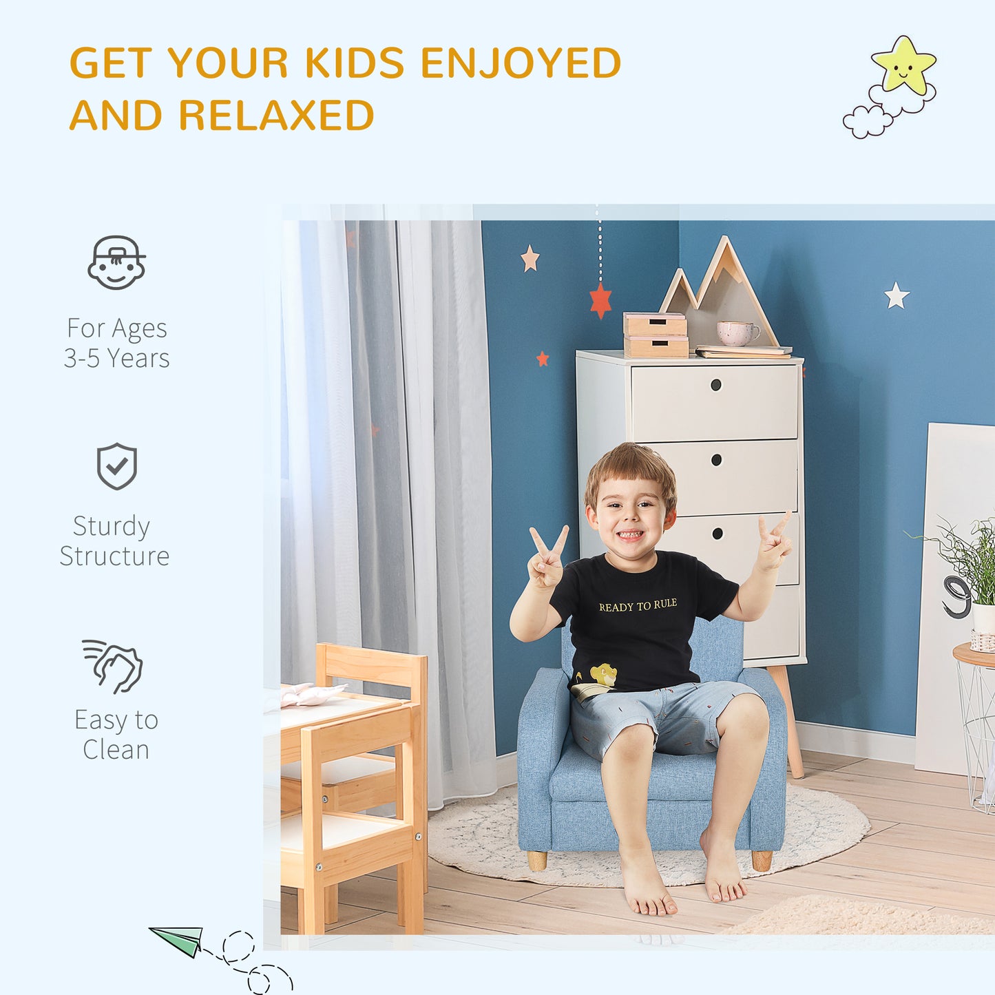 Children's Armchairs Toddler Chair Wood Frame Anti-Slip Legs High Back Bedroom Playroom Furniture Blue