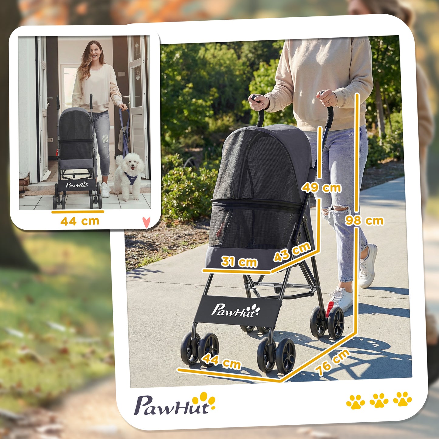 Dog Stroller, Foldable Cat Dog Pram for Miniature Breeds, Pet Stroller with Brake, Mesh Windows, Dark Grey