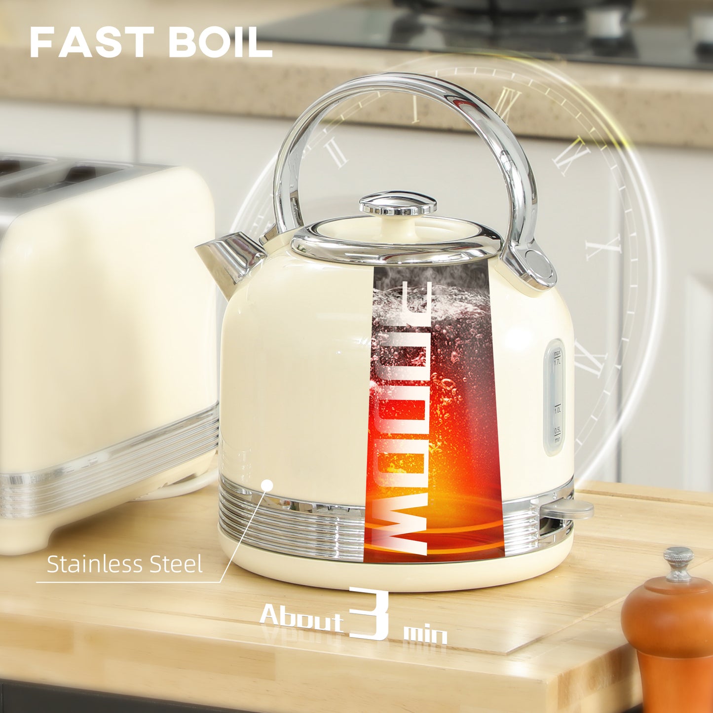 Polished Stainless Steel Kettle and Toaster Set - Cream