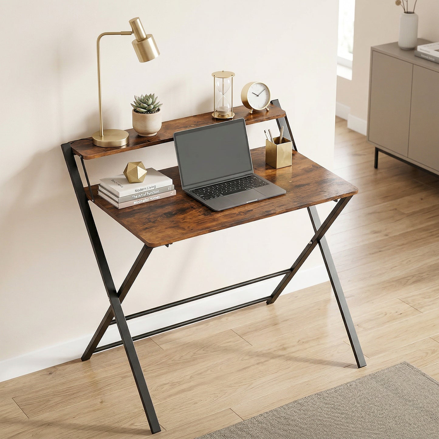Compact Folding Desk for Small Spaces with Storage Shelf for Home Office, Rustic Brown