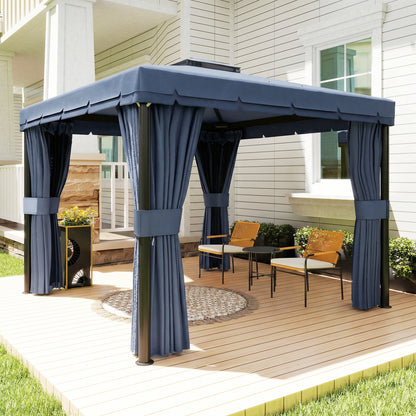 3 x 3(m) Patio Gazebo Canopy Garden Pavilion Tent Shelter Marquee with 2 Tier Roof, Netting and Curtains, Dark Blue