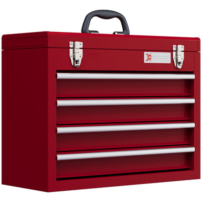 Lockable Metal Tool Box, 4 Drawer Tool Chest with Latches, Handle, Ball Bearing Runners, Red