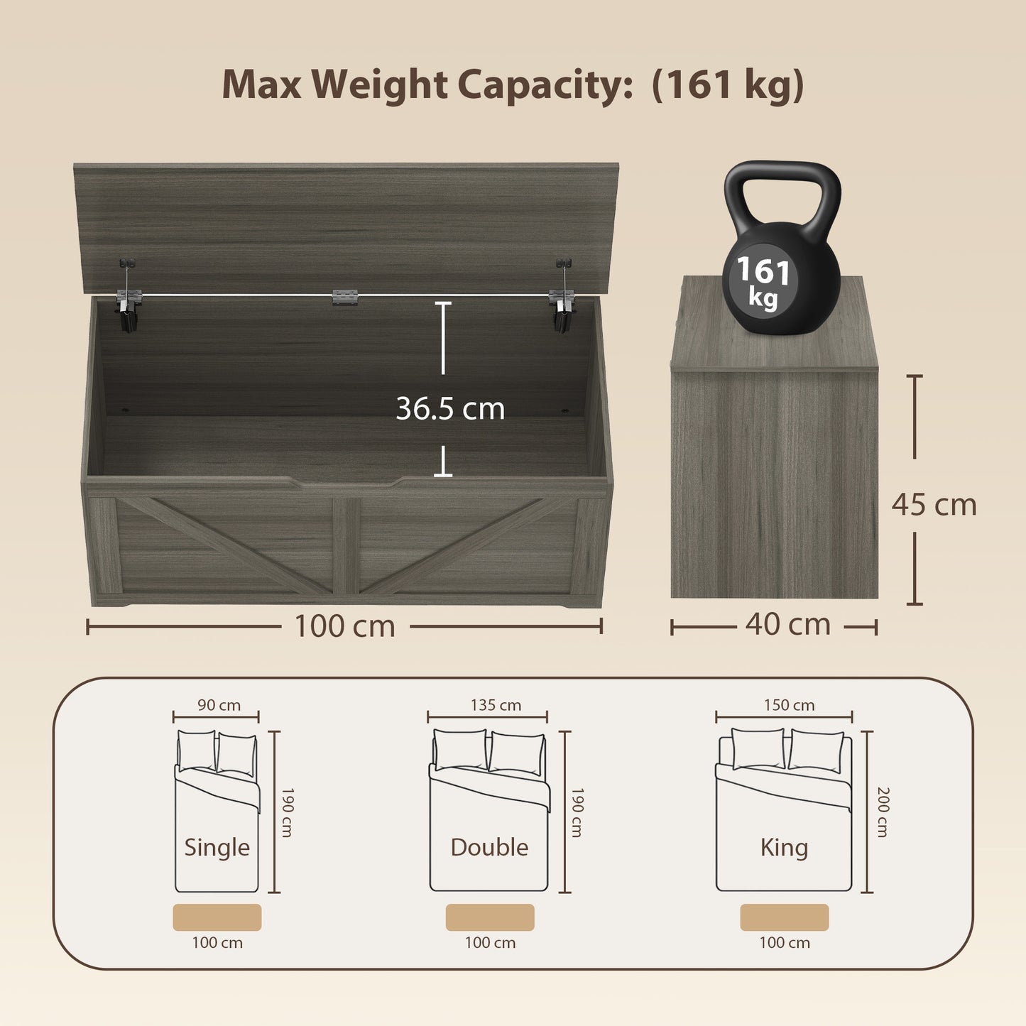 127L Home Storage Box, with Safety Hinges - Dark Grey Wood-Effect