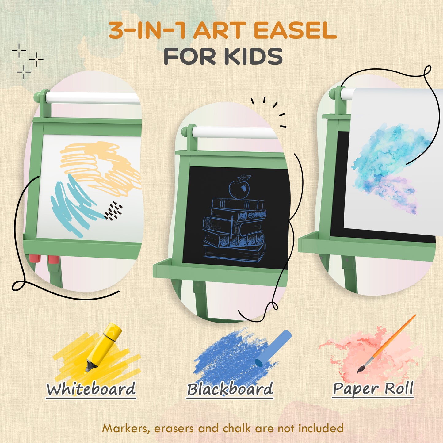 3 in 1 Kids Easel Double-Sided Magnetic Whiteboard and Chalkboard with Paper Roll, Storage Baskets - Green